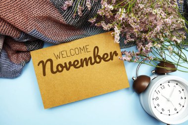 Welcome November written on paper card with flower and alarm clock on blue background