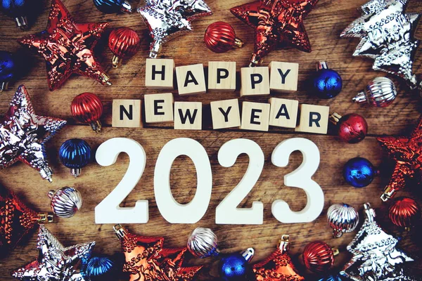 Happy New Year 2023 Alphabet Letters Christmasl Decoration Wooden Background — Foto Stock