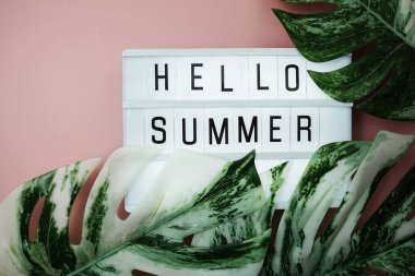 Hello Summer word in lightbox with Monstera Leaves on pink background