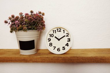 White clock and artificial plant on wooden shelves and white concrete wall