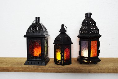 Ramadan Lantern Arabic decoration on wooden shelves
