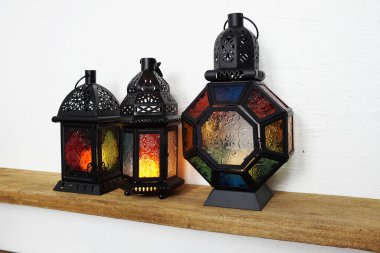 Ramadan Lantern Arabic decoration on wooden shelves