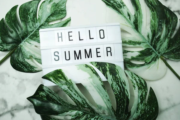 Hello Summer Word Lightbox Monstera Leaves Marble Background — Stock Photo, Image