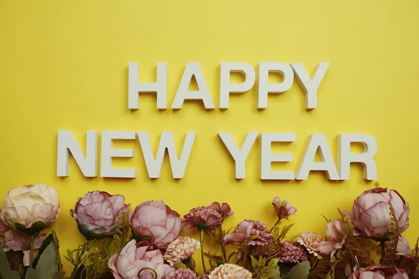 Happy New Year Alphabet Letters Flower Frame Yellow Background — Foto de Stock