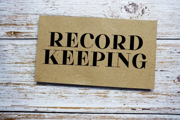 Record Keeping Written Paper Card Top View Wooden Background — Zdjęcie stockowe