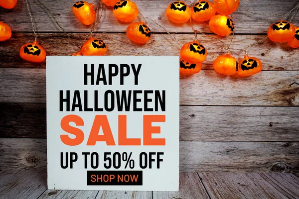 Halloween Sale Promotion Text Message Led Halloween Pumpkin Wooden Background — Stockfoto