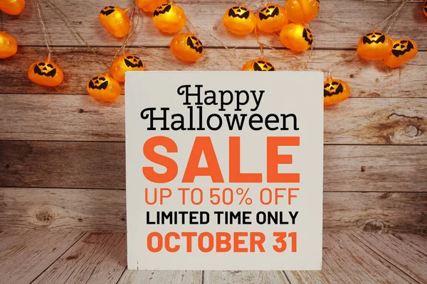 Halloween Sale Promotion Text Message Led Halloween Pumpkin Wooden Background — ストック写真