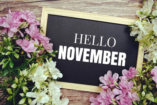 Hello November Typography Text Written Wooden Blackboard Flower Bouquet Decorate — Photo