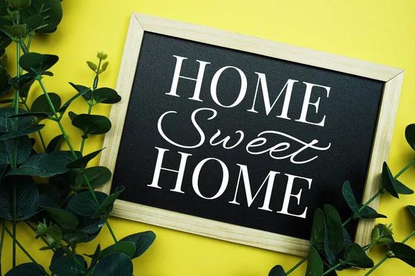 Home Sweet Home Typography Text Written Wooden Blackboard Green Eucalyptus — Foto de Stock