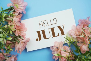 Hello July text message with flower decoration on blue background