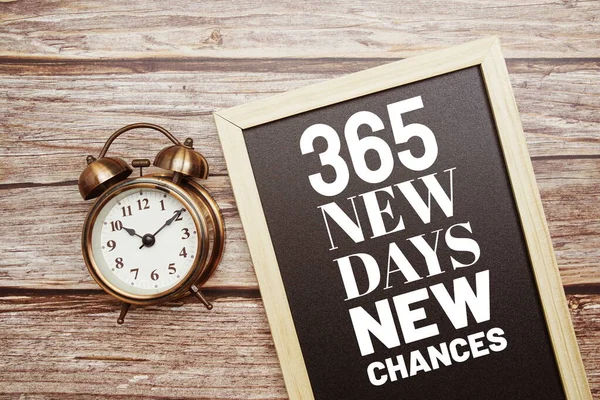 365 New Days New Chances Word Alarm Clock Wooden Background — Foto de Stock