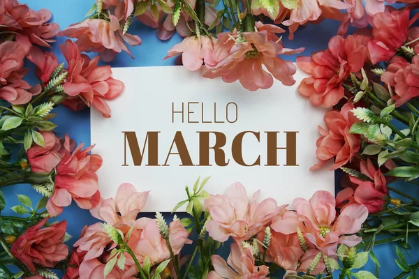 Hello March Text Message Flower Decoration Blue Background —  Fotos de Stock