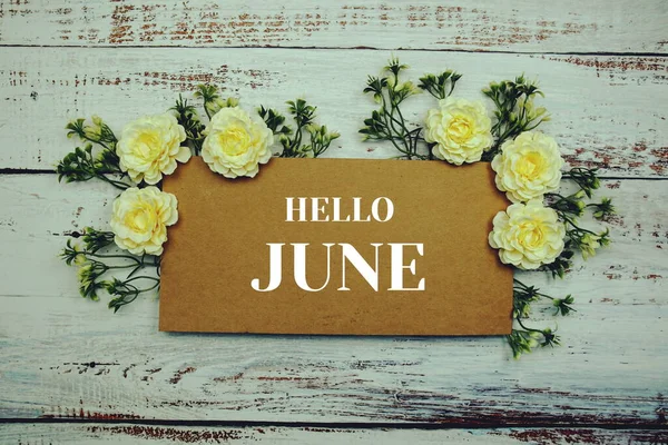 こんにちは6月タイポグラフィのテキスト装飾花で木製の背景 — ストック写真