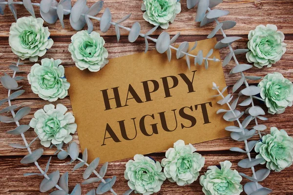 Happy August Typography Text Paper Card Decorate Flower Wooden Background — Fotografia de Stock