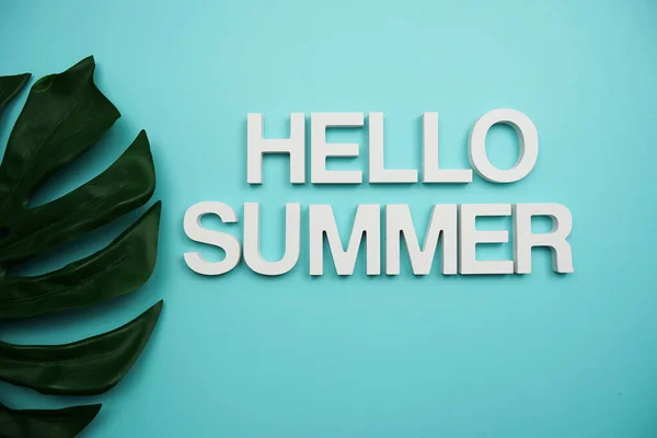 Буквы Hello Summer Листьями Чудовища Синем Фоне — стоковое фото