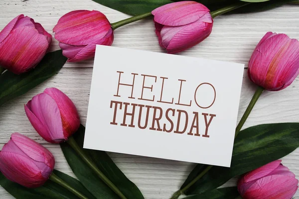 Hello Thursday Card Tulip Flower Wooden Background — Photo