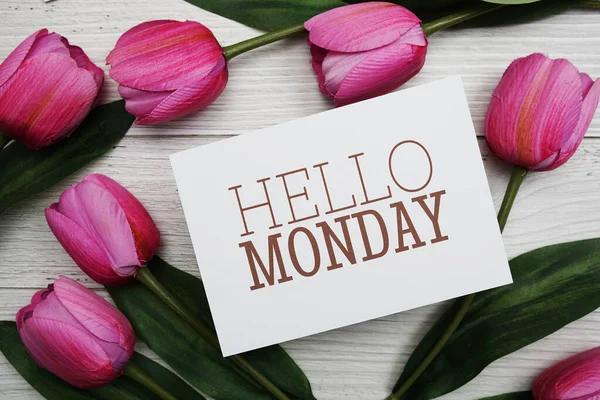 Hello Monday card with tulip flower on wooden background