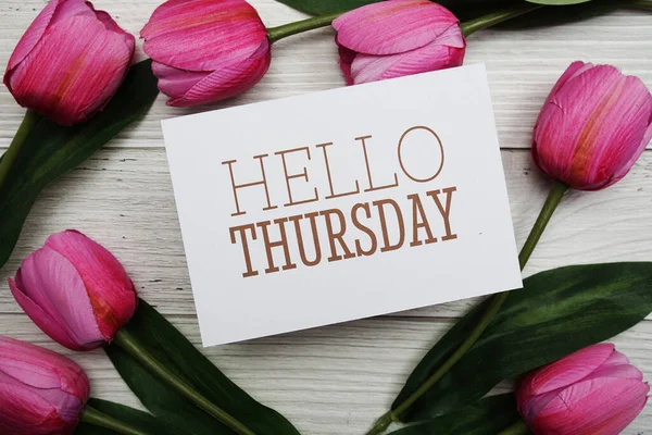 Hello Thursday Card Tulip Flower Wooden Background — Photo
