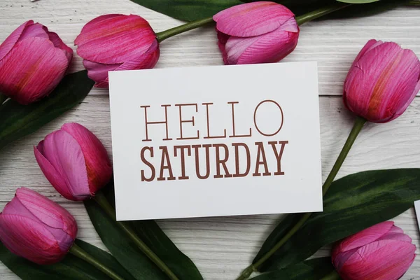 Hello Saturday Card Tulip Flower Wooden Background — Stok fotoğraf
