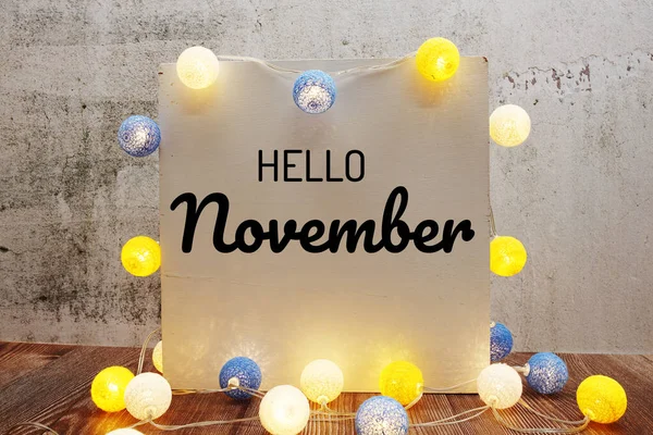 Hello November Text Message Led Cotton Ball Decoration Wooden Background — Stock Photo, Image