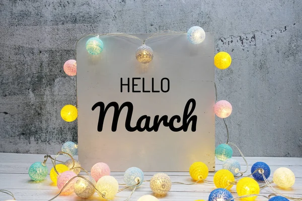 Hello March Text Message Led Cotton Ball Decoration Wooden Background — Stock Photo, Image