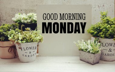 Ahşap arka planda yapay bitki süslemesi olan Pazartesi günü mesajları