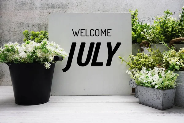 Welcome July Text Message Artificial Plant Decoration Wooden Background — Stock Photo, Image