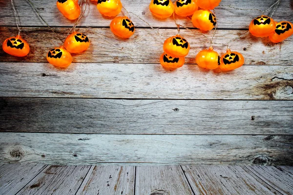 Pompoenverlichting Led Voor Halloween Decoraties Houten Achtergrond — Stockfoto