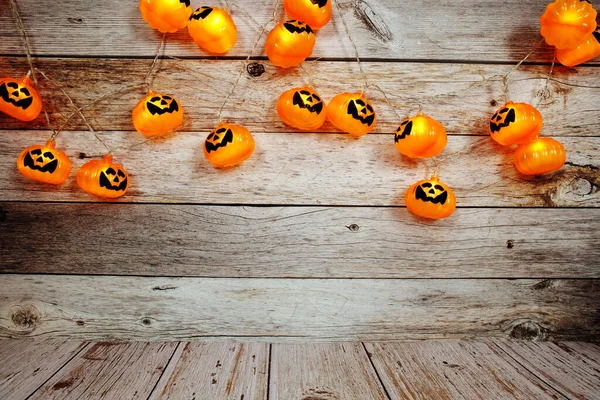 Pompoenverlichting Led Voor Halloween Decoraties Houten Achtergrond — Stockfoto