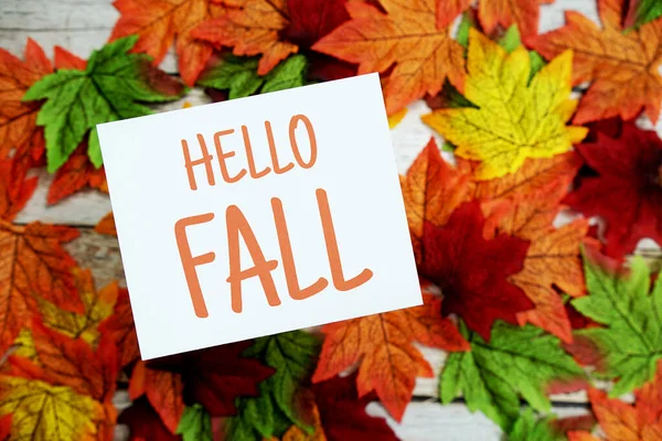 Hello Podzimní Textová Zpráva Javorovými Listy Dřevěném Pozadí — Stock fotografie