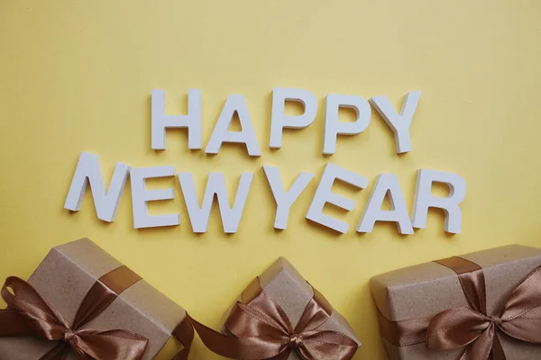 Happy New Year Alphabet Letters Gift Boxes Yellow Background — Foto de Stock