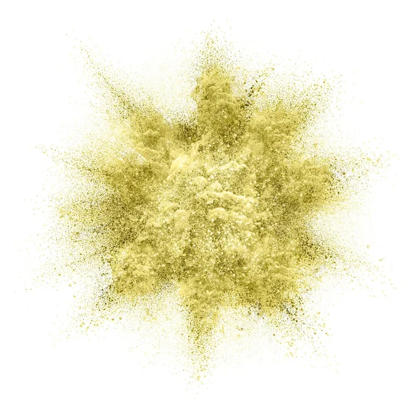 黄金の輝き爆発 黄金の輝きの背景 白い背景に金粒子粉末スプラッシュの光沢光沢 — ストック写真