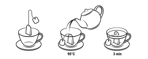 Teezubereitungssymbole Für Teebeutel Und Teezubereitungsanleitung Vektor Tasse Und Teebeutel Mit — Stockvektor