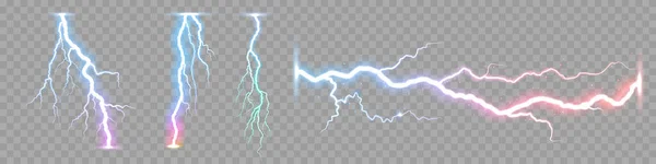 Vector Realistic Lightning Strike Discharge Electricity Thunderbolt Transparent Background — Stock Vector