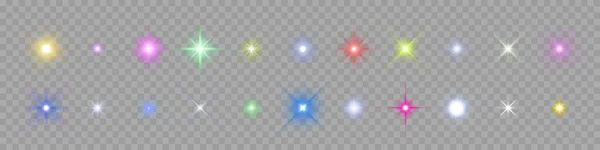 闪闪发光的星星 在透明背景下具有明亮发光效果的矢量闪光爆裂照明弹 — 图库矢量图片#