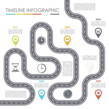 İş yolu haritası bilgileri. Zaman çizelgesi şablonu modern diyagram, sunum, grafik veya web sayfaları için kullanılabilir. Vektör illüstrasyonu.