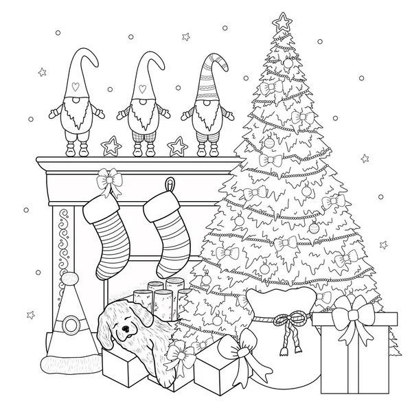 Coloriage Noël Carte Colorier Vacances Hiver Illustration Vectorielle — Image vectorielle