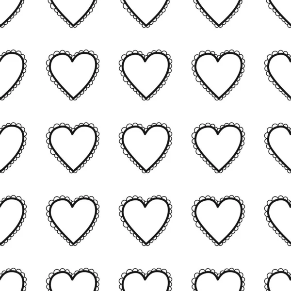 Heart Seamless Pattern Love Digital Paper Black White Vector Illustration — Vetor de Stock