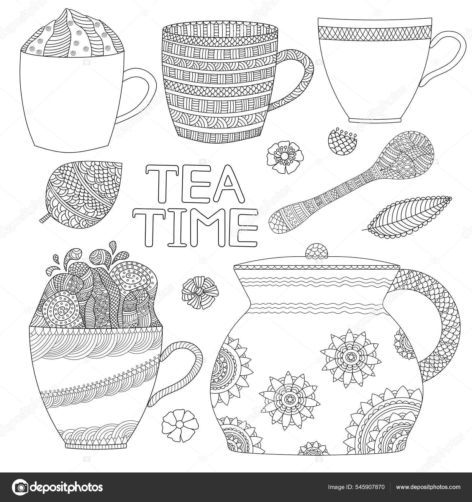 Tea set cup coloring page tea time vector illustration stock