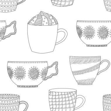 Bardaklarla kusursuz desen. Elle çizilmiş kupalarla dolu bir arka plan. Vektör illüstrasyonu. 