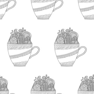 Bardaklarla kusursuz desen. Elle çizilmiş kupalarla dolu bir arka plan. Vektör illüstrasyonu. 