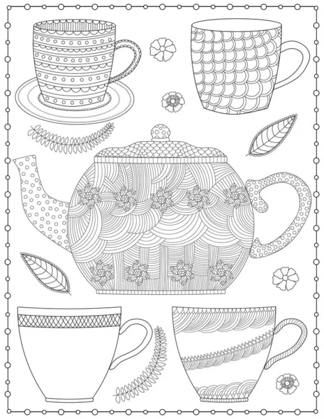 Чашки Чайник Квіти Листя Розмальовка Сторінка Векторні Ілюстрації — стоковий вектор