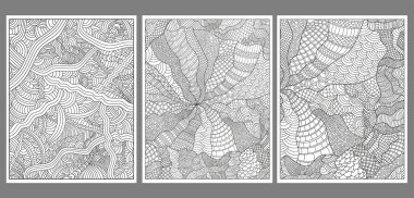 Bir dizi soyut el çizimi posterler. Harf boyutu. Çocuklar ve yetişkinler için boyama kitabı sayfası. Doodle vektör arkaplanı. 