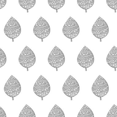 Elle çizilmiş yapraklarla kusursuz desen. Siyah ve beyaz ana hatlı dijital kağıt. Vektör arkaplanı. 