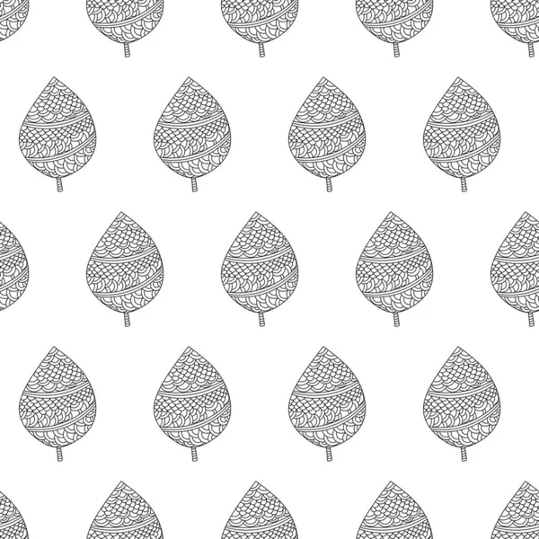 Elle çizilmiş yapraklarla kusursuz desen. Siyah ve beyaz ana hatlı dijital kağıt. Vektör arkaplanı. 