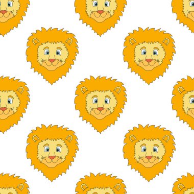 Beyaz arka plandaki sevimli aslan yüzleri. Tuhaf, kusursuz bir hayvan deseni. Vektör illüstrasyonu.