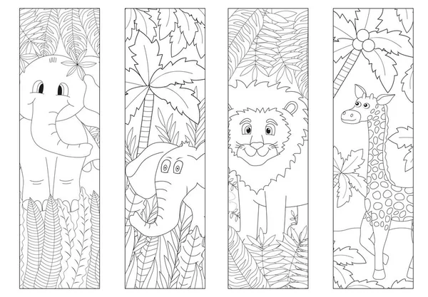 Väritys Kirjanmerkkejä Lapsille Viidakon Eläimiä Söpö Leijona Hassut Norsut Kirahvi — vektorikuva