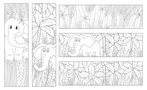 Coloring Bookmarks Kids Elephants Cute Animal Palms Vector Illustration — 스톡 벡터