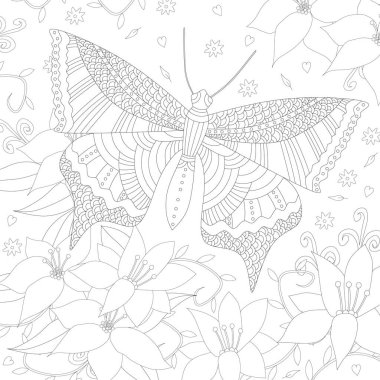 Butterfly and flowers coloring page. Coloring book page for adults or kids. Hand-drawn art. Vector illustration. 