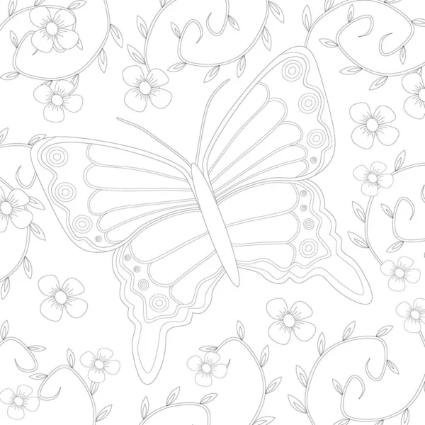 Butterfly Flowers Coloring Page Coloring Book Page Adults Kids Hand — Stockvektor